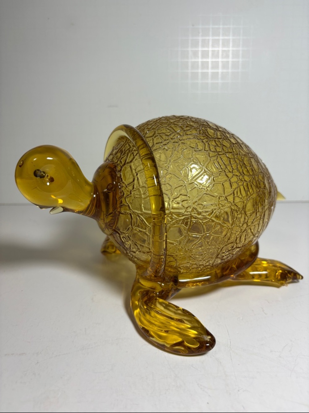 Vintage Hand Blown Fused Amber Art Glass Sea Turtle Crackle Glass Shell 9 x 5.5"
